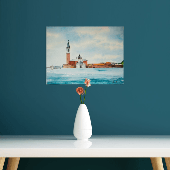 Venice seaview. Original watercolor. Italy architecture landscape seascape sea travel blue red sky decor