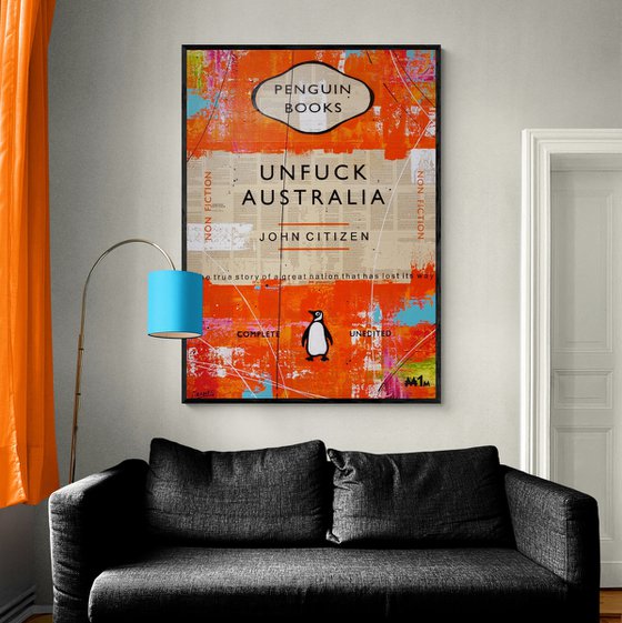 Unfuck Our Land Down Under 140cm x 100cm Unfuck Australia Book Page Textured Urban Pop Art