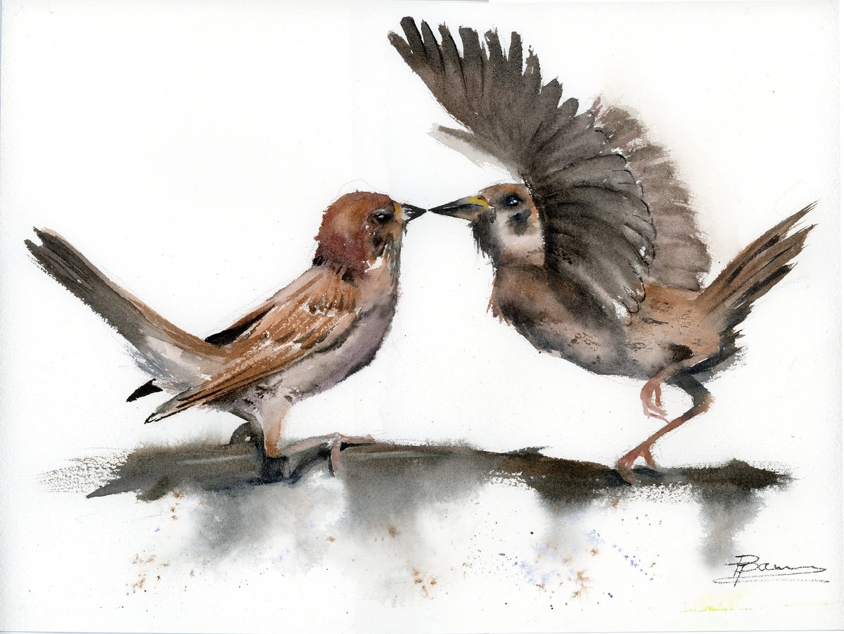 Expressive Animal Watercolour By Olga Tchefranov (Shefranov), 15 X 11", Morning Courtship, Original Artwork