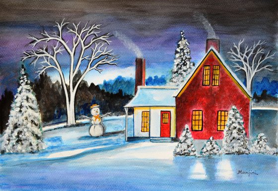 Winter Cottage with snowman Christmas holiday art