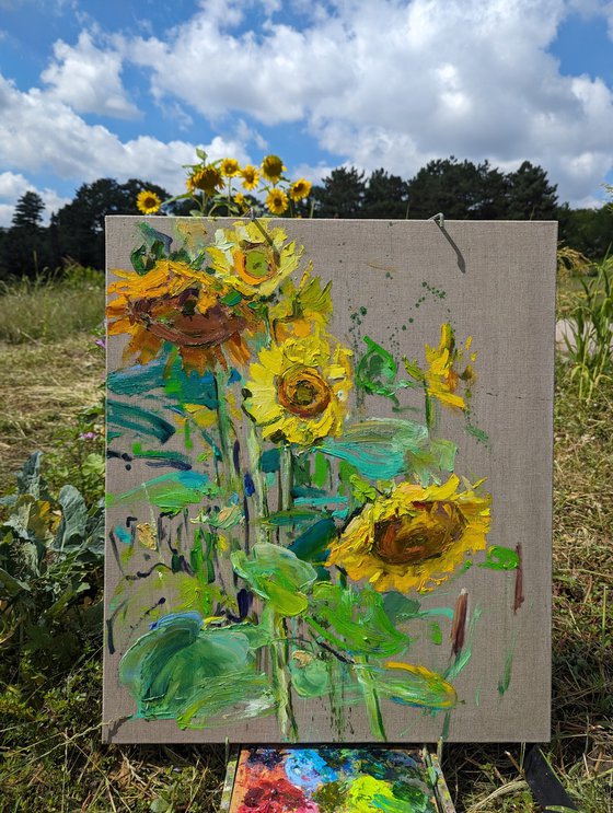 Sunflowers . 60x70 cm. Large Sunny painting "a la prima" on linen canvas