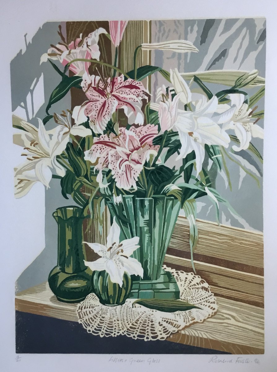 Botanical Linocut By Rosalind Forster, 16 X 22", Lillies And Green Glass, Original Artwork