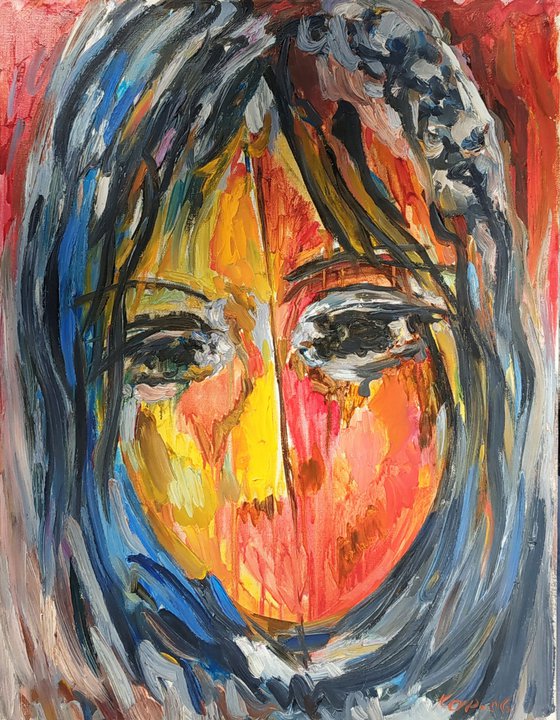 SILENCE - portrait, original painting, face, Paris 65x50