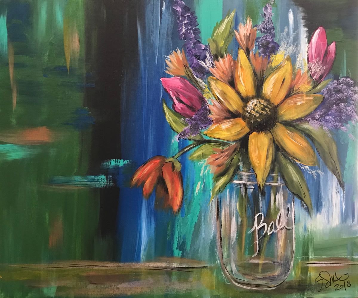 Impressionistic Botanical Acrylic Painting By Carolyn Shoemaker (Soma), 24 X 20, Brilliant Bouquet, Original Artwork