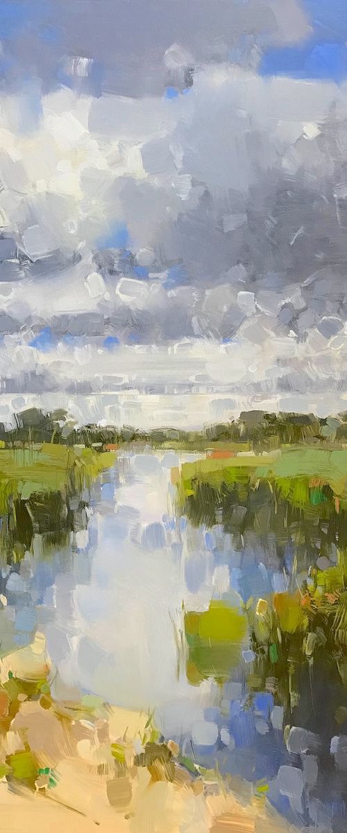 Riverside, Landscape oil painting, One of a kind, Signed, Handmade artwork by Vahe Yeremyan