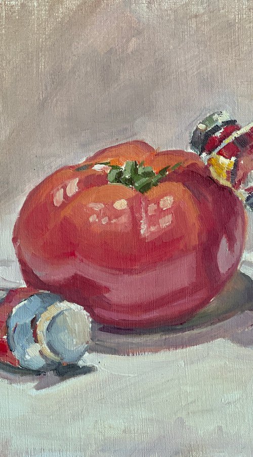 Tomato and red paint by Louise Gillard