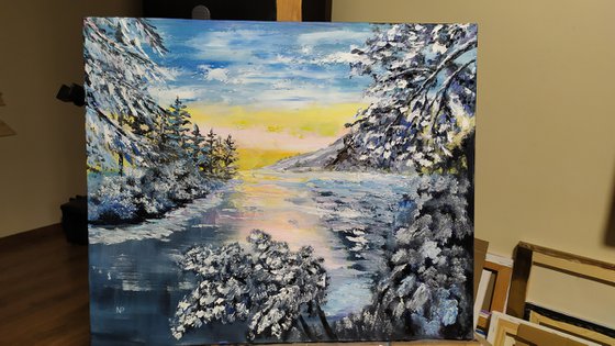 Snow, original winter landscape , trees in snow, gift art, bedroom painting