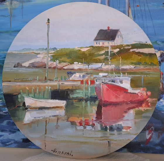 Sun  on the cove , plein air, original, one of a kind, oil on round canvas painting, 13''