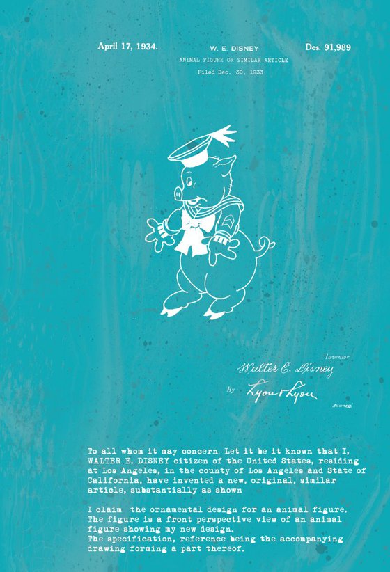 Disney character patent Pig 1 - Turquoise - circa 1934