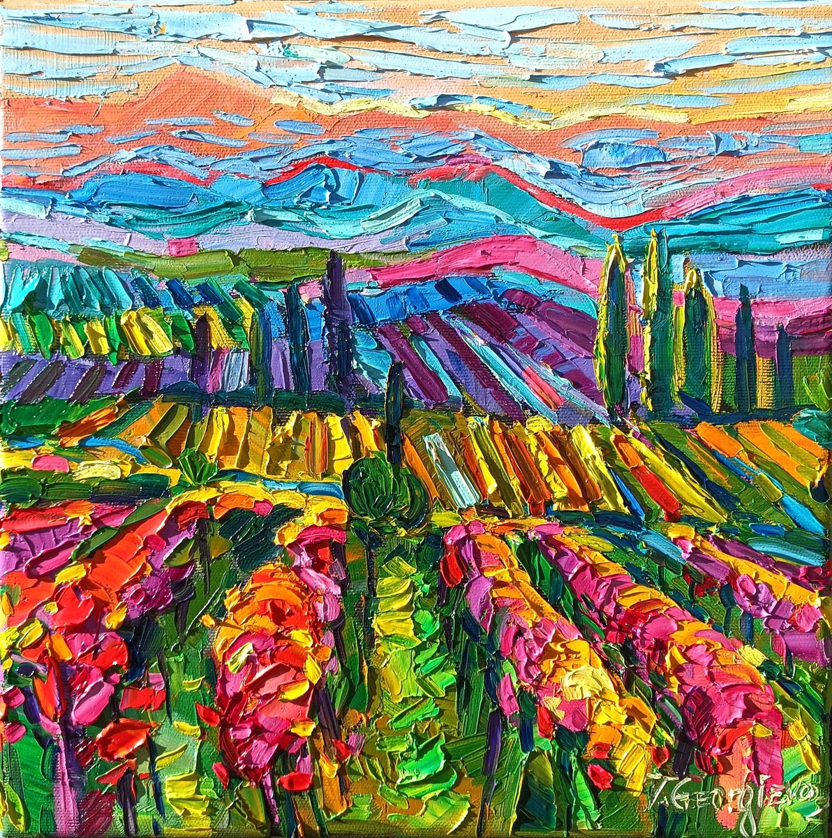 Impressionistic Landscape Oil Painting By Vanya Georgieva, 12 X 12", Golden Vineyards And Gold Sunset, Original Artwork