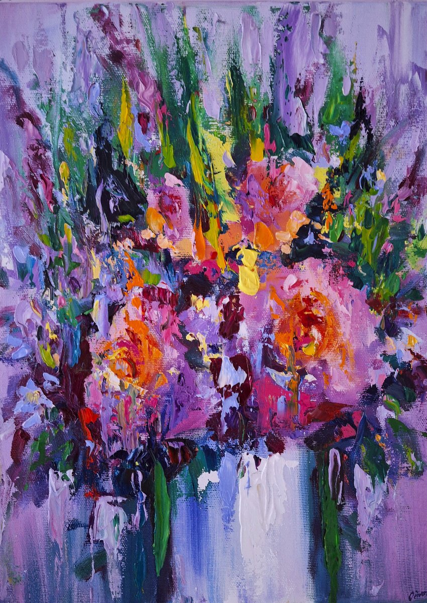 Abstract Still Life Oil Painting By Andrej Ostapchuk, 12 X 16, Study In Lilac Tones, Original Artwork