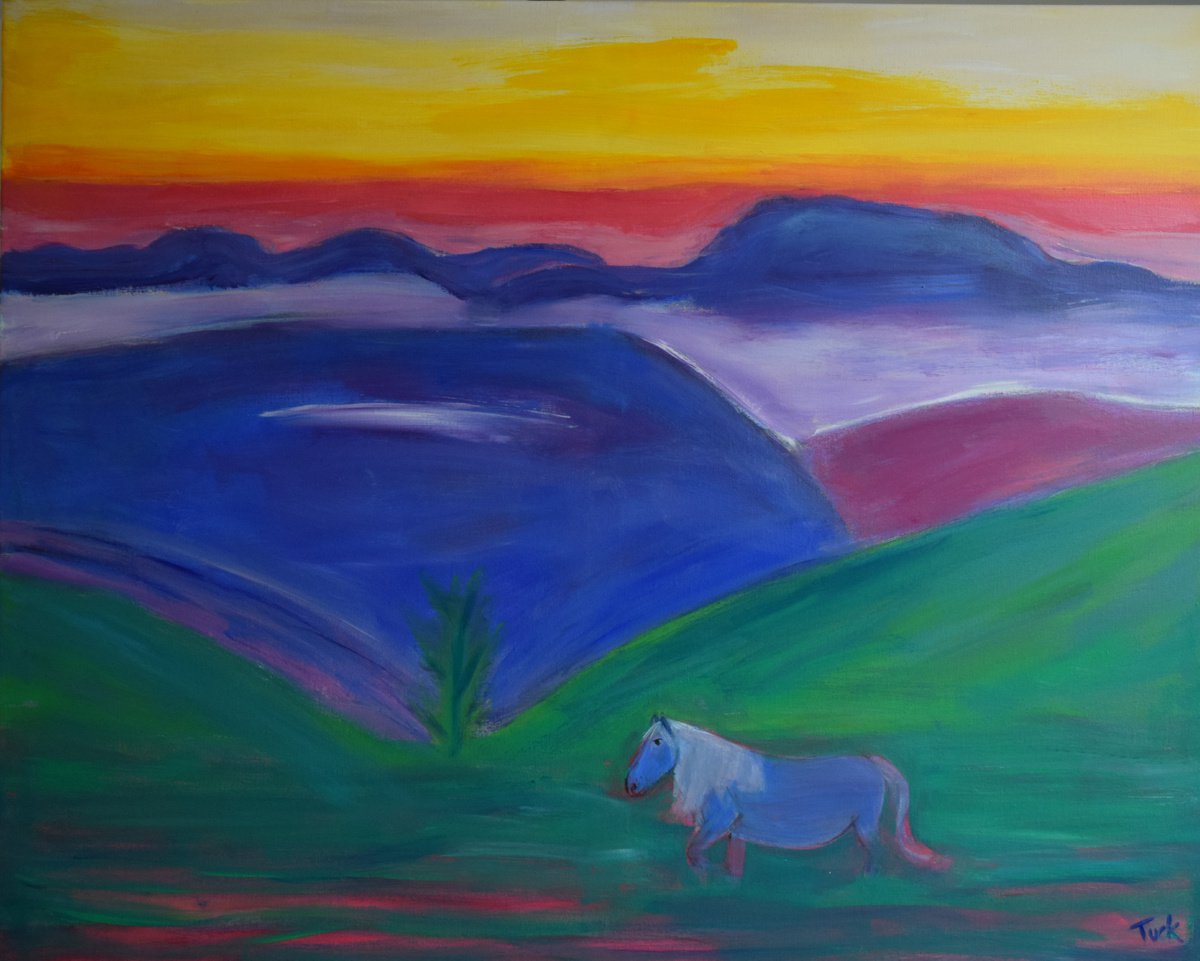Landscape with Wild Pony and Misty Sunrise Over Hills by Jo Tuck