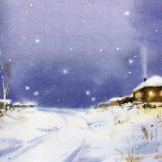 Evening in the village. Winter landscape. Original watercolor artwork.