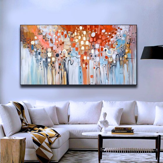 Happy Day - Abstract Painting 60" x 30" Large Abstract Gold Leaf Soft Colors White Gray Painting