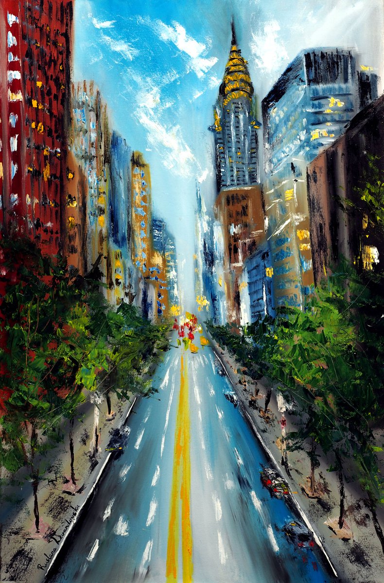 Impressionistic Cityscapes Oil Painting By Ruslana Levandovska, 24 X 36", Manhattan Street, New York, Original Artwork