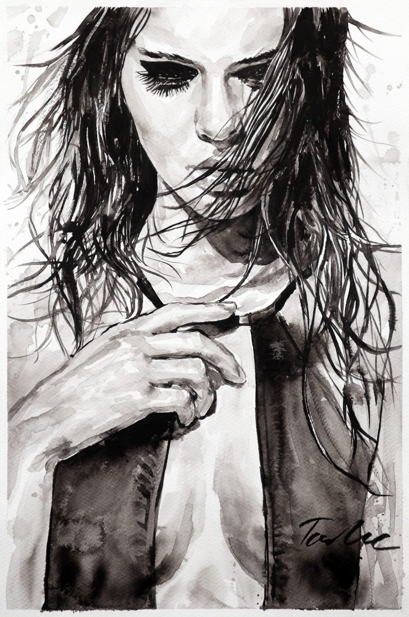 Urban And Pop Portrait Ink Drawing By Tashe, 12 X 18", Whisper Of Love, Original Artwork