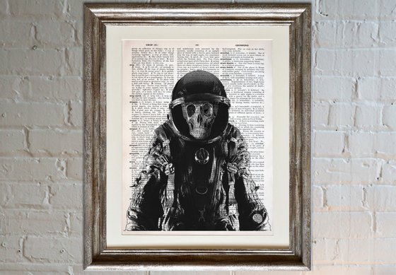 Astronaut Skull - Gothic Collage Art Print on Large Real English Dictionary Vintage Book Page