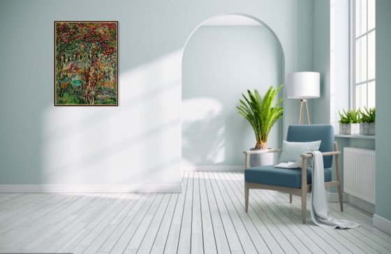 FLOWERING BUSH - Landscape art, blooming tree plant, original oil painting, summer, pomegranate, bloom, home interior decor