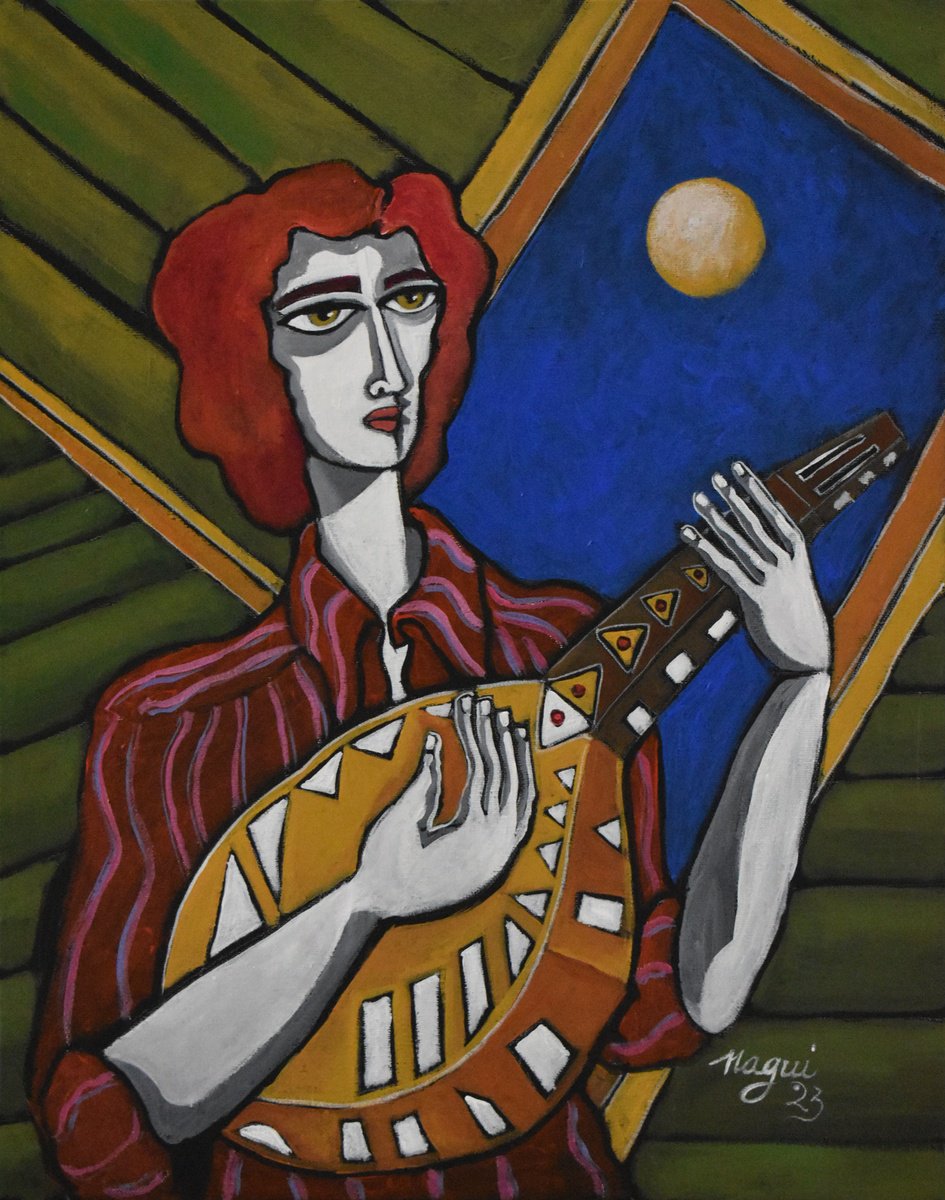 Expressive Portrait Acrylic Painting By Nagui, 16 X 20", The Sound Of The Lute, Original Artwork