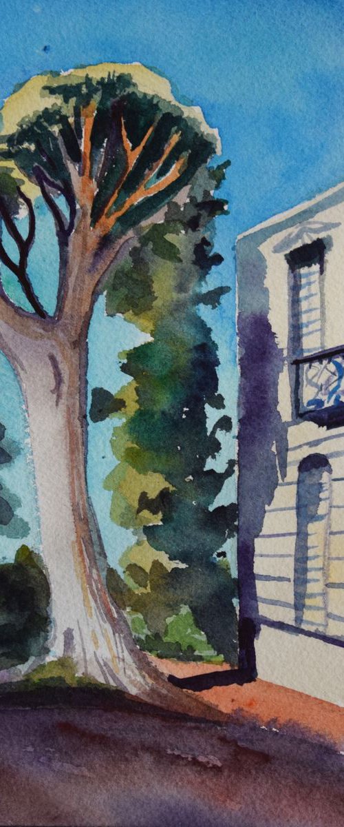 Tree original watercolor painting Spain landscape, coastal home decor by Kate Grishakova