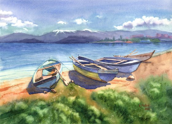 Ukrainian watercolor. Seascape with boats