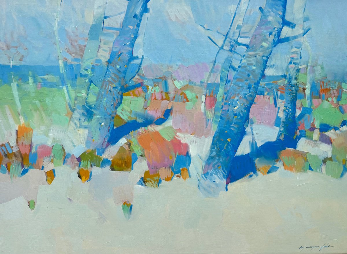 Impressionistic Landscape Oil Painting By Vahe Yeremyan, 39 X 28", Spring Trees, Original Artwork
