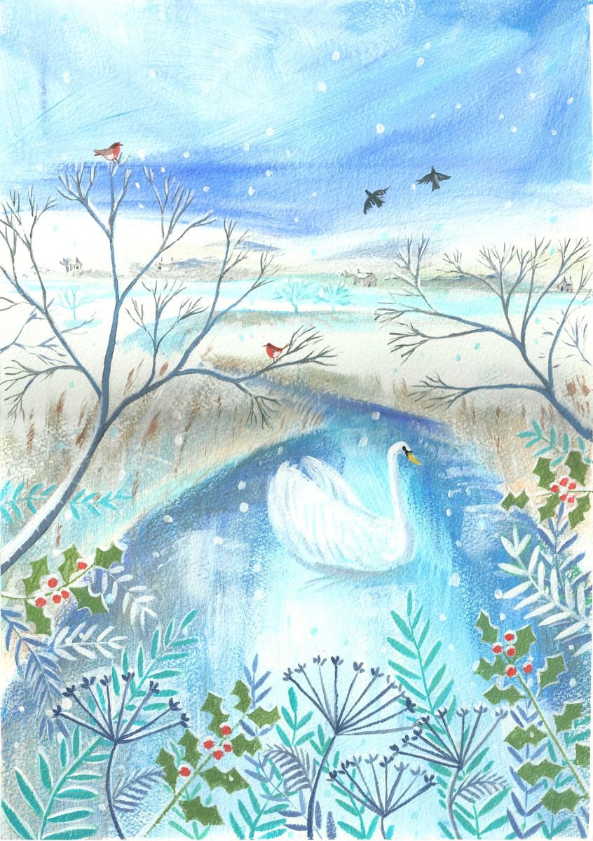 Illustrative Acrylic Painting , Swan In Winter By Mary Stubberfield, 11 X 16, Artwork For Sale On Artfinder