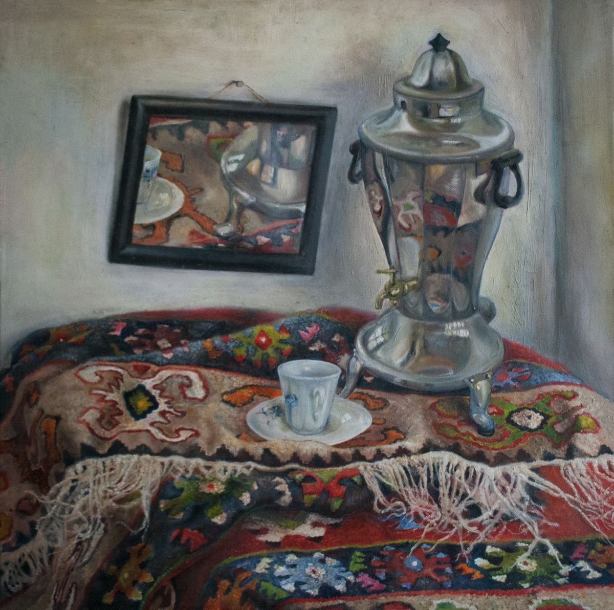 Still Life Oil Painting By Nikola Ivanovic, 24 X 24", The Samovar, Original Artwork