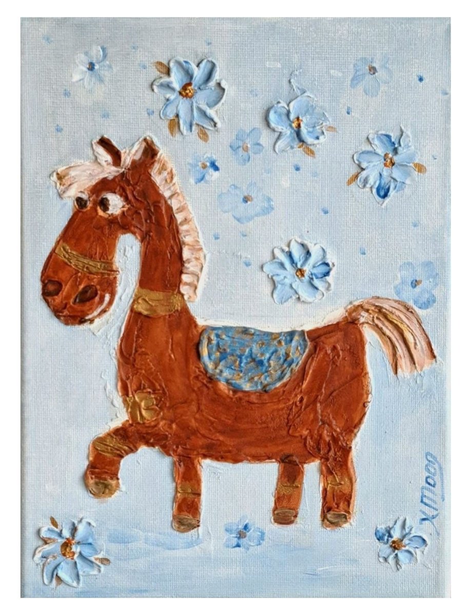 Xana Moon | Original  Acrylic Painting | Little Horse In Blue Flowers | 18 X 24Cm | Artwork For Sale On Artfinder