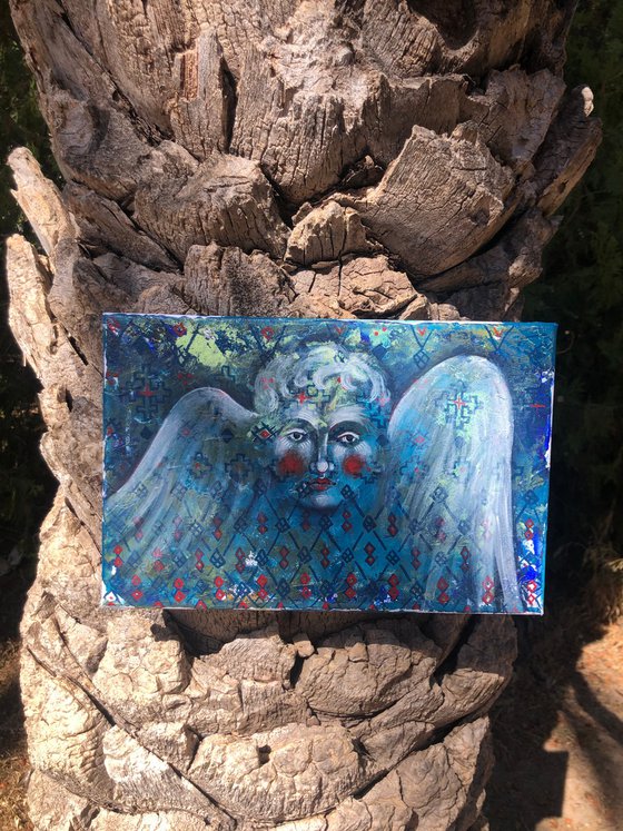 “Cherub” small blue angel painting