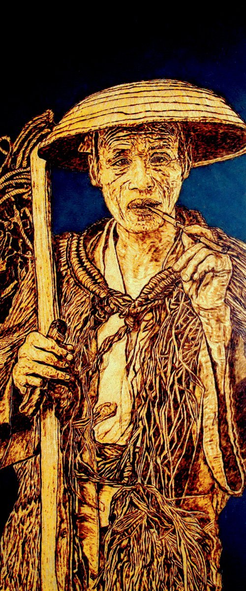 Old Chinese Fisherman by MILIS Pyrography
