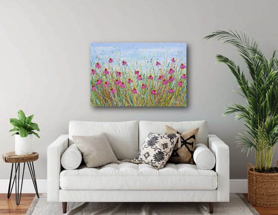 Pink Echinacea- Textured Floral Painting, Palette knife art