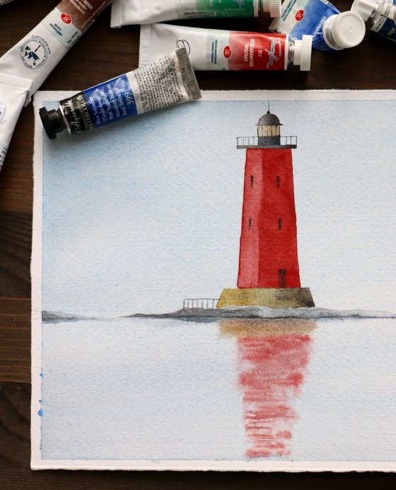 Red lighthouse in the sea. Minimalism. Original watercolor artwork.