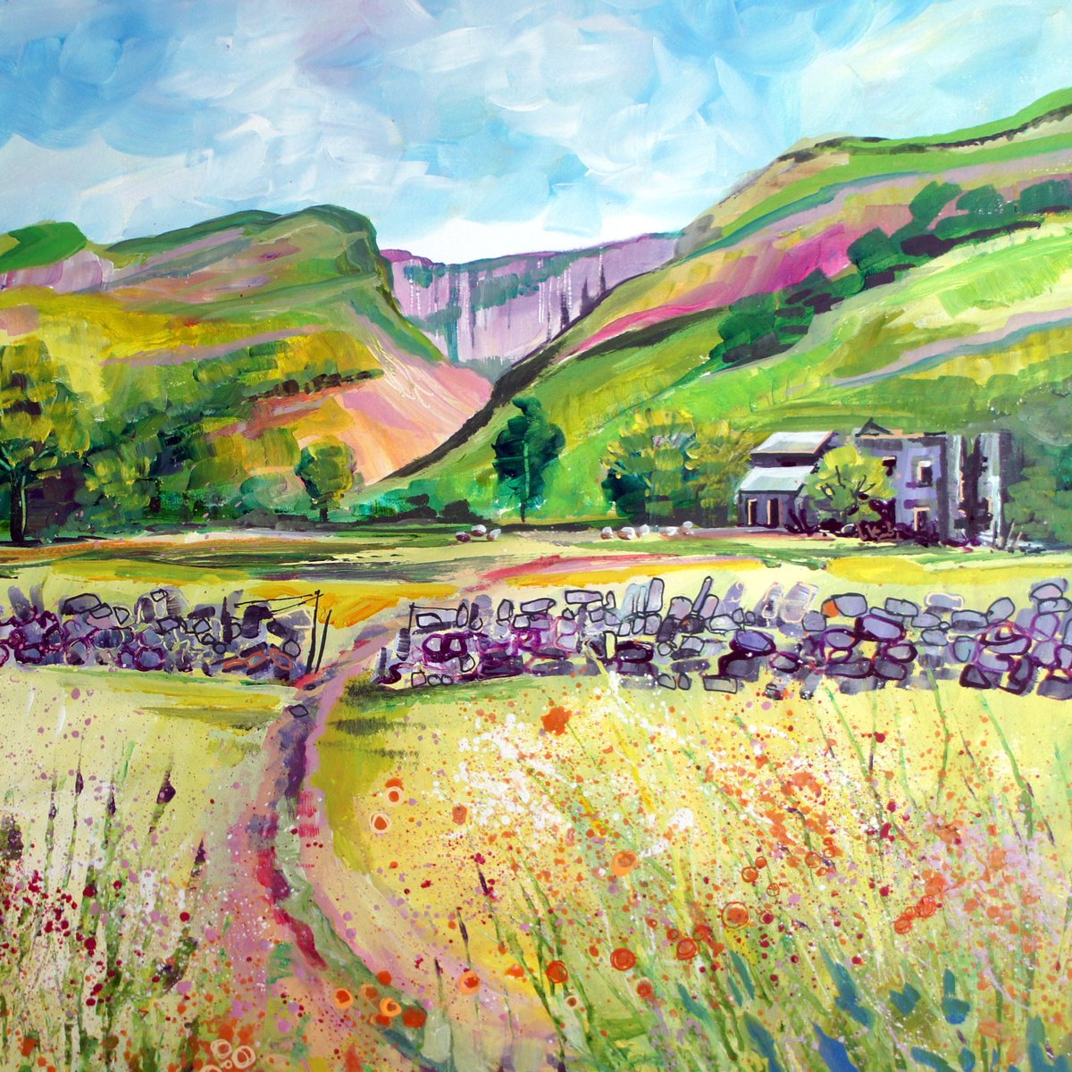 Impressionistic Landscape Acrylic Painting By Julia Rigby, 19 X 19", Hartlakes Hall, Original Artwork