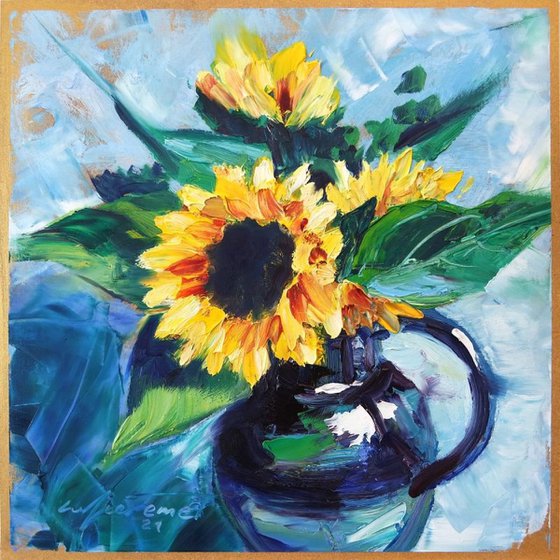 ‘SUN-FLOWERS IN A VASE' - Medium Oil Painting on Panel