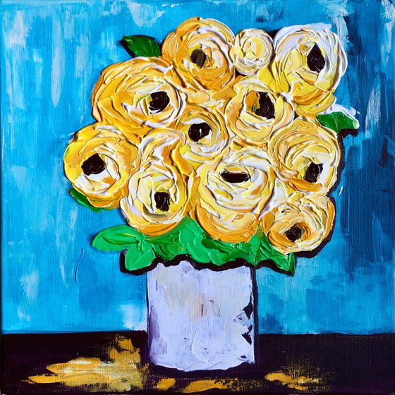 ABSTRACT BOUQUET OF Yellow Roses  #14 ( NAIVE COLLECTION)  palette  knife Original Acrylic painting office home decor gift