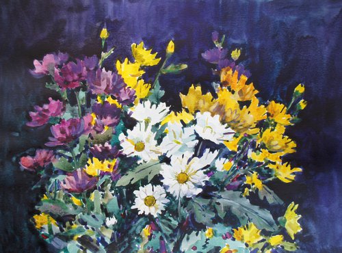 Chrysanthemums on a dark background by Elena Sanina
