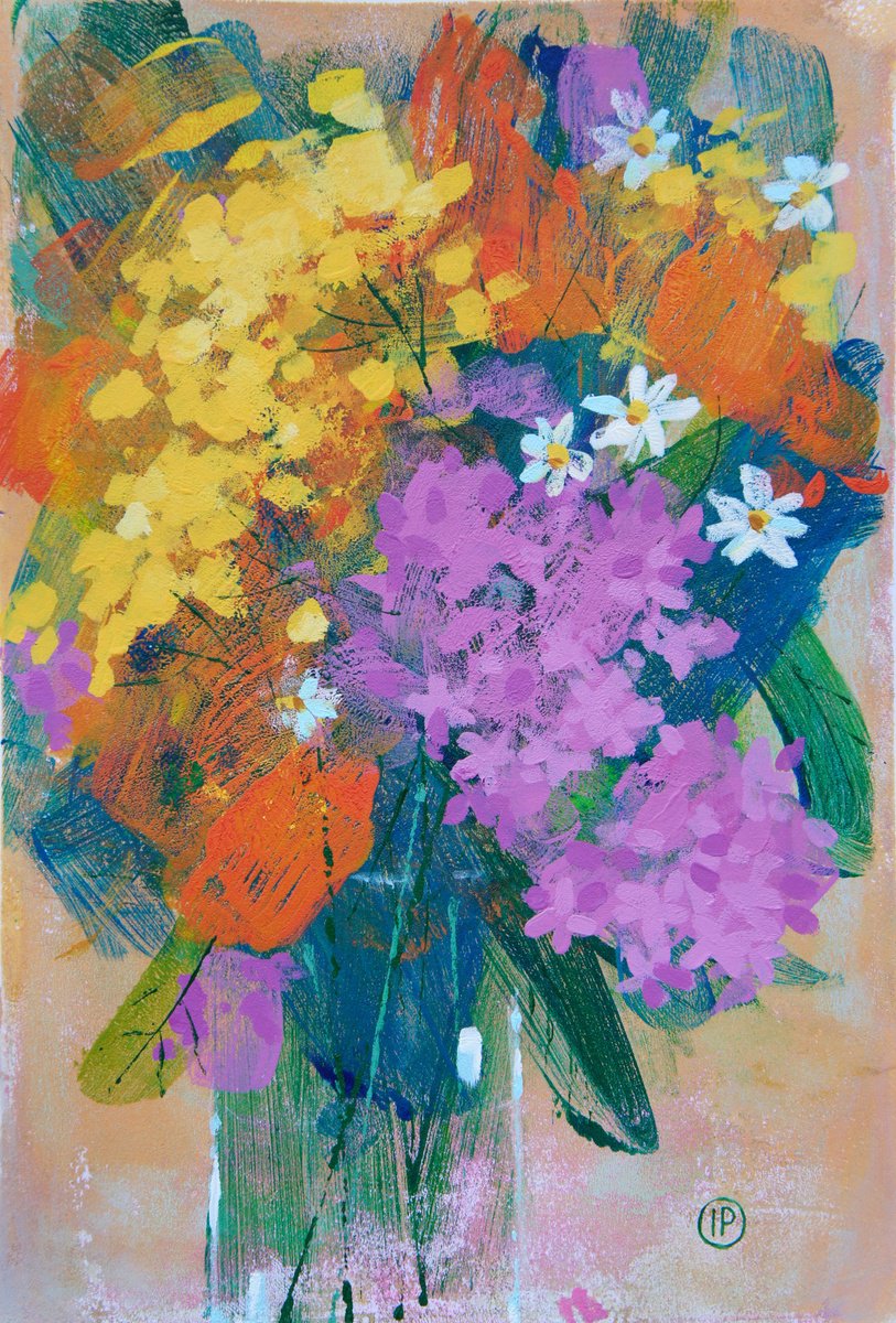 Impressionistic Botanical Acrylic Painting By Irina Plaksina, 9 X 13, Hydrangea And Wildflowers, Original Artwork