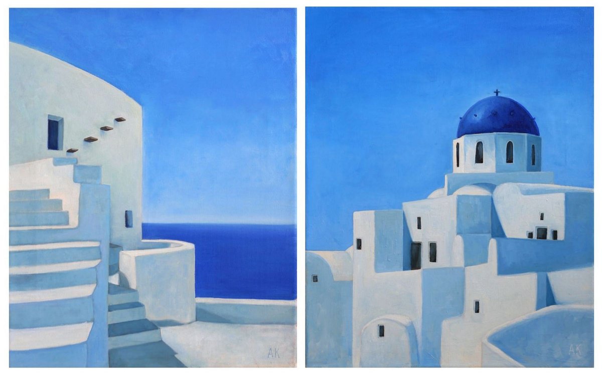 Photorealistic Cityscapes Oil Painting By Alfia Koral, 31 X 20, Timeless Greece - Diptych, Original Artwork