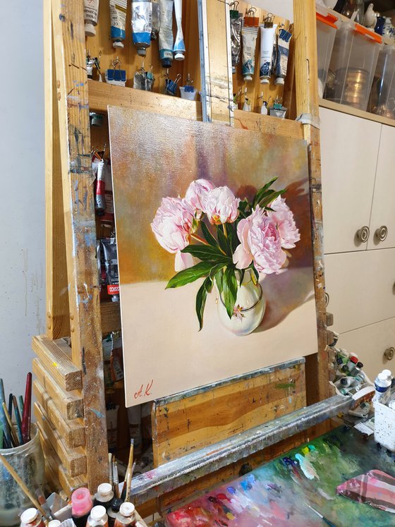 "Evening peonies." still life peony old vase summer  liGHt original painting  GIFT (2020)