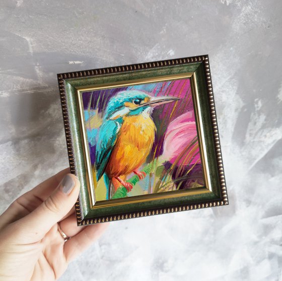 Kingfisher bird tiny painting original art framed picture 4x4, Turquoise artwork bird wall art decor Personalized gift animal art lover