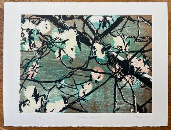 Blossoming Inclinations - Spring Blossom Contemporary Linocut Print