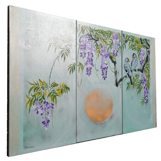 Japanese lilac wisteria and love birds J359 - large emerald silver triptych, original art, japanese style paintings by artist Ksavera