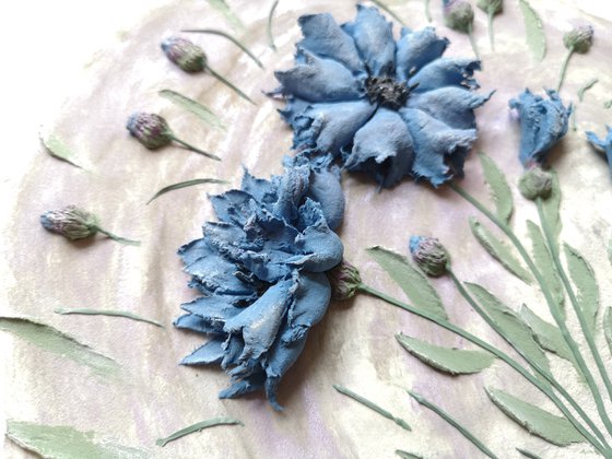 Blue cornflowers on a white background-delicate Botanical bas-relief 25x15x3 cm.