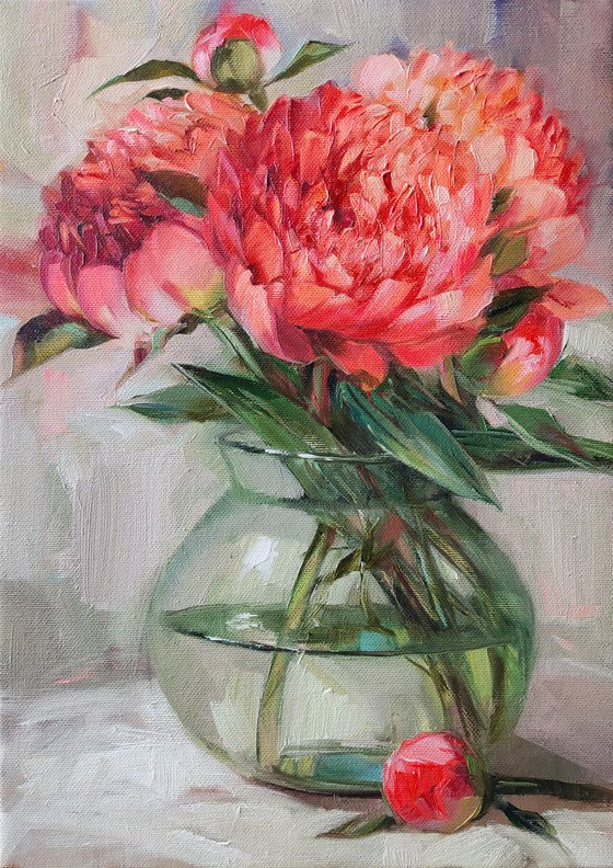 Coral flower painting on canvas, Peony painting original oil, Mothers day painting gift, Flowers in a vase paintings