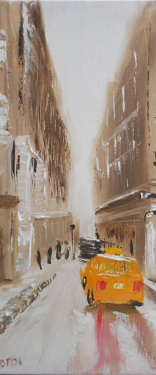 Winter city street with yellow taxi by Dmitry Fedorov