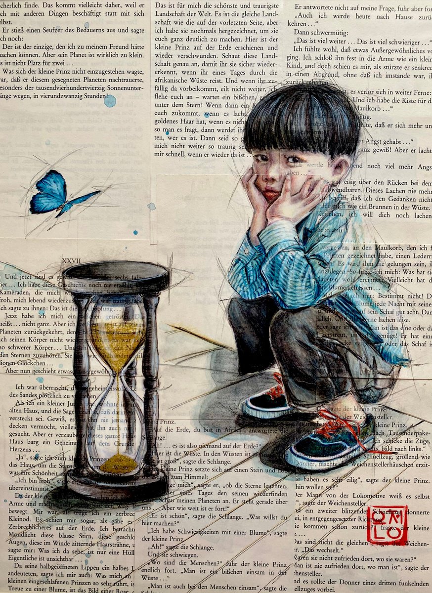 Time, painting on bookpages of -The little prince-? by Natali pArt