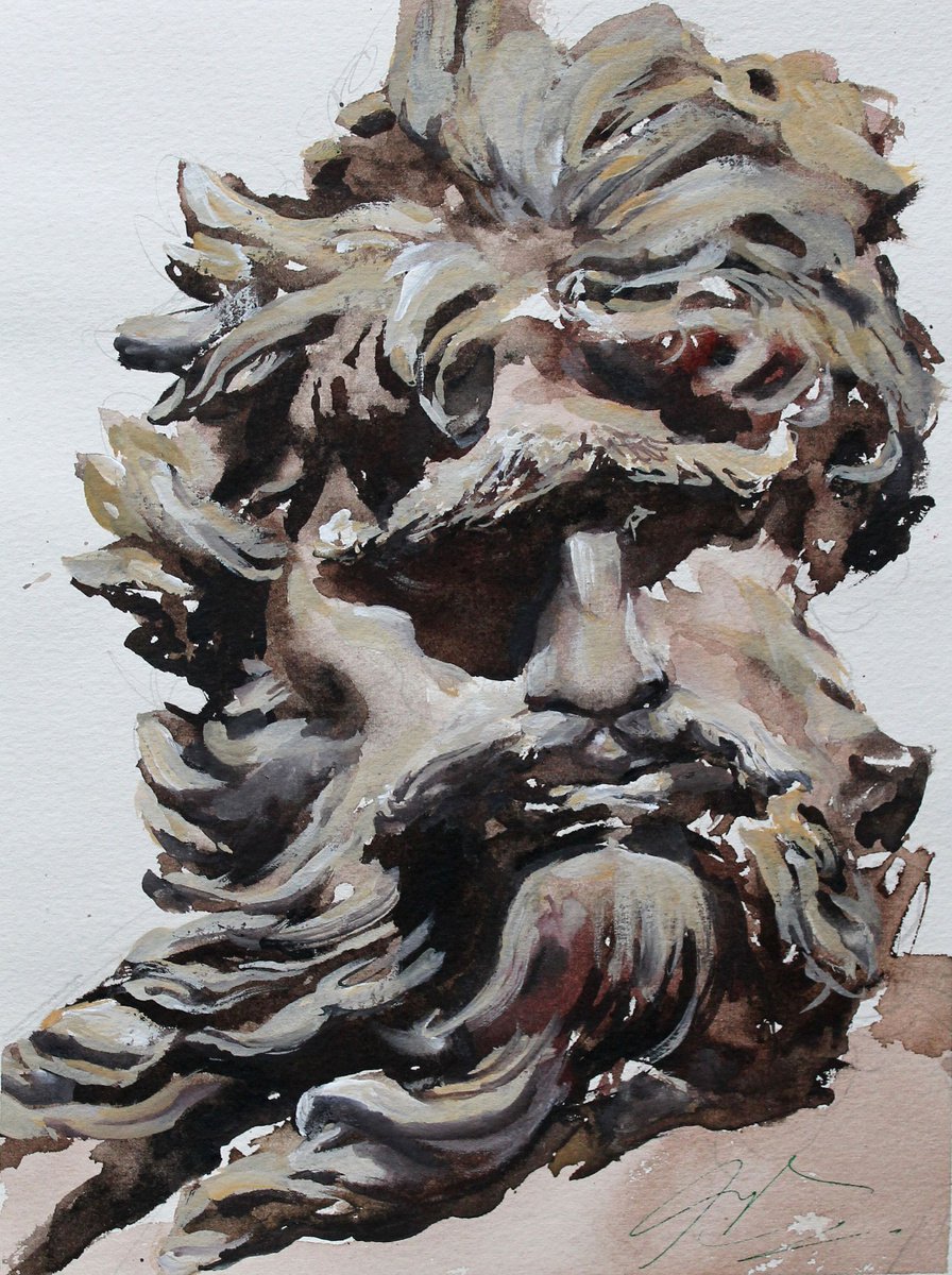 Impressionistic Portrait Watercolour By Maximo Damico, 9 X 11", Neptune Bernini, Original Artwork