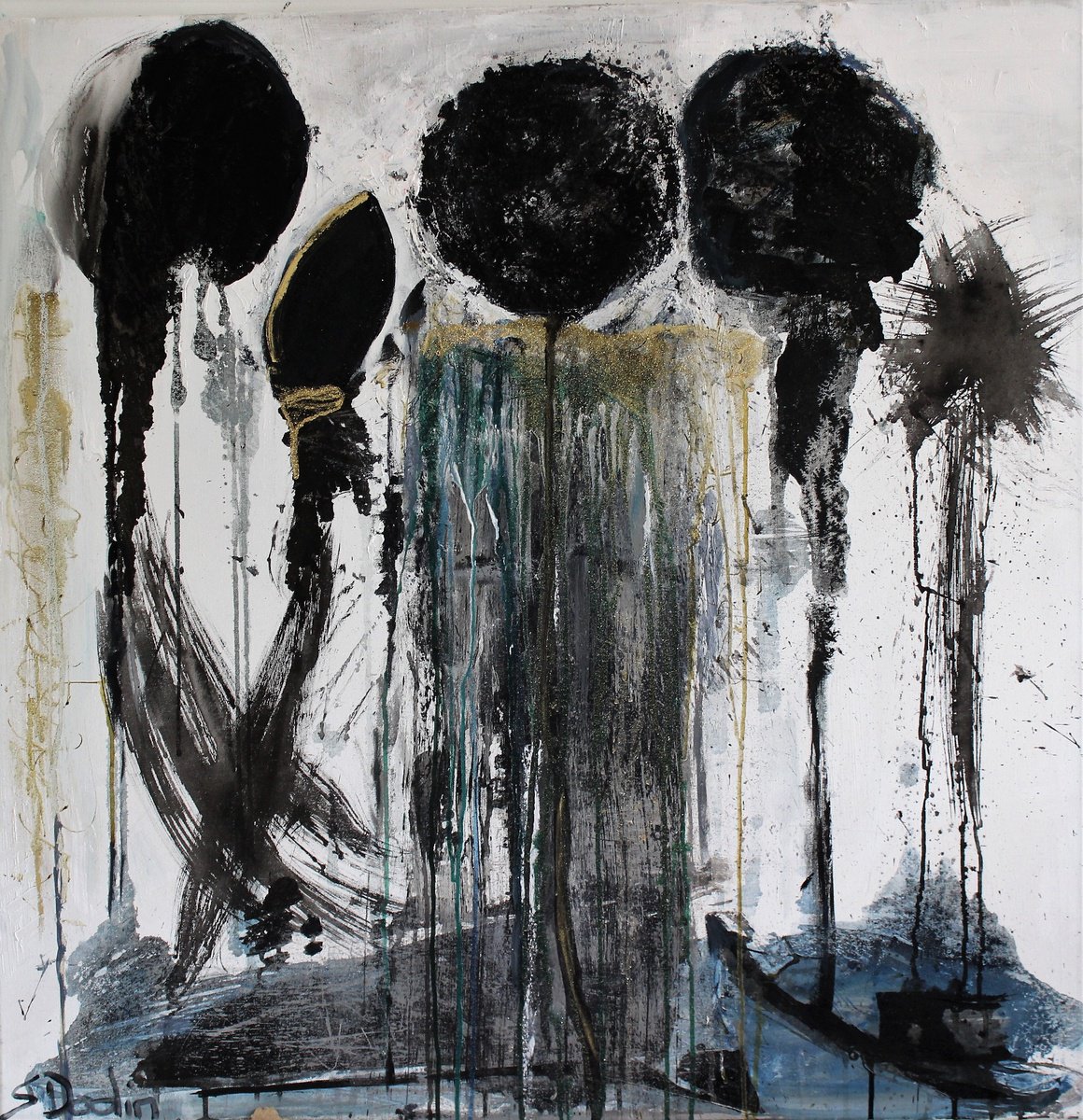 Abstract Painting By Sylvie Dodin, 39 X 39", Black & White, Original Artwork