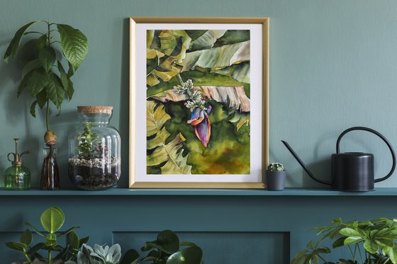 Banana trees - original watercolor tropical green palms